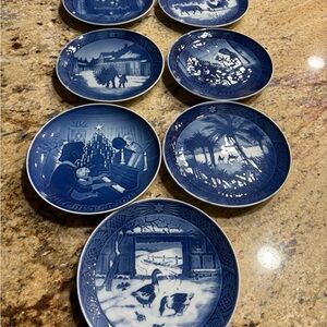 Royal Copenhagen Blue and White Ceramic lot of 7 collectibles hanging plates